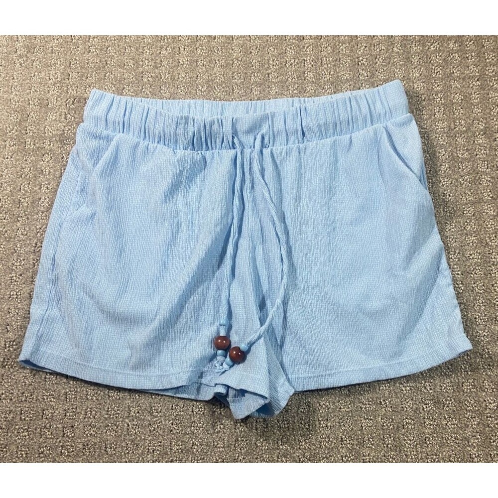 No Boundaries Shorts Womens L Ice Blue Pull On Front Tie Krinkle Coastal Beach